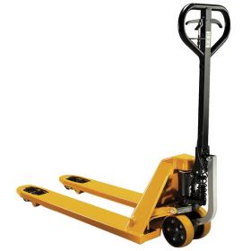 Power pallet jack features an ergonomic design.